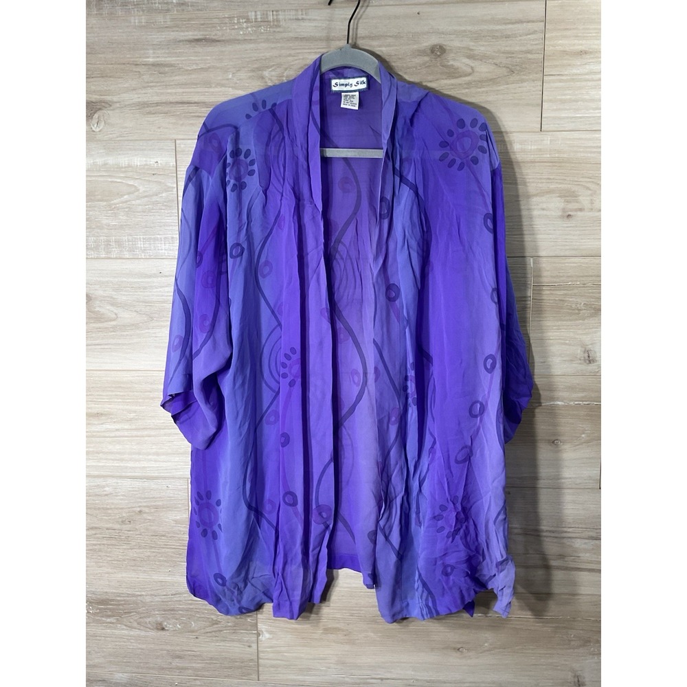 Simply Silk Kimono Jacket One Sized Silk Purple Floral Abstract Artsy Sheer
